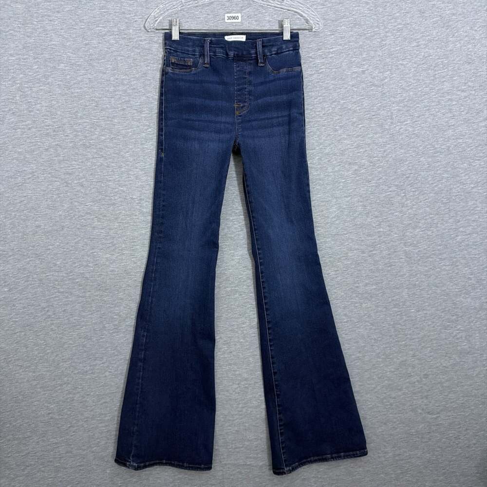 Good American Women's Small Dark Wash Blue Pull On Flare Jeans